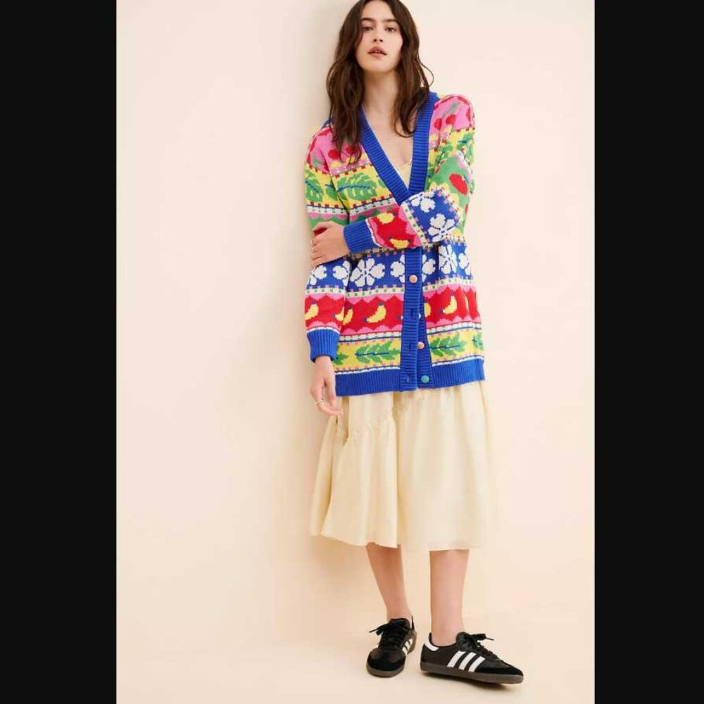 S Farm Rio X Anthropologie Sweet Orchard Fruit Knit Cardigan Oversized Sweater 2 View 2